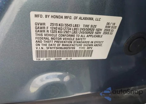 2018 Honda Pilot Touring из США, поврежденный, VIN 5FNYF5H99JB029789